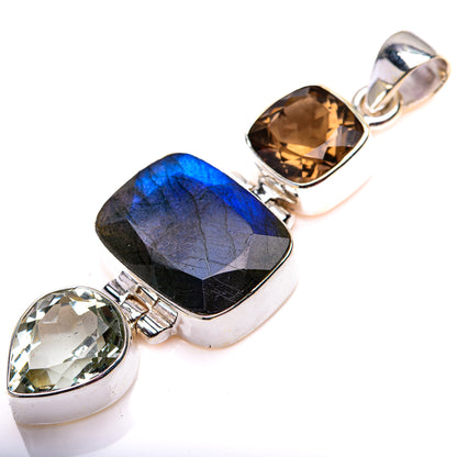 Labradorite, Green Amethyst, Smoky Quartz Pendant 2 1/8" (925 Sterling Silver) PD38592