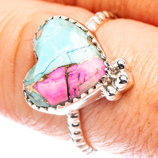 Turquoise and pink heart inlay sterling silver ring, size 8, rope band detail