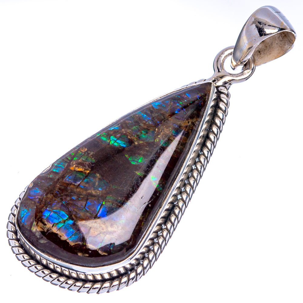 Sterling silver ammolite teardrop pendant, blue-green flashes in bezel with loop