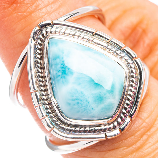 Sterling silver larimar gemstone ring with oval blue stone, ornate rope bezel