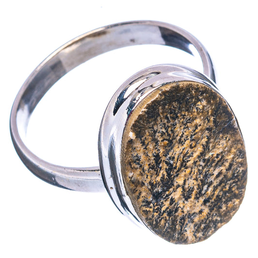 Oval psilomelane dendrite stone ring, .925 sterling silver band, side view