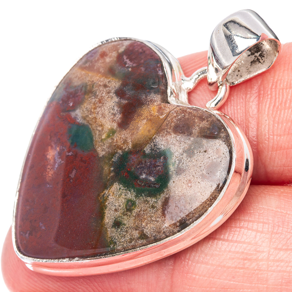 Bloodstone heart pendant, red and green mottled stone set in sterling silver