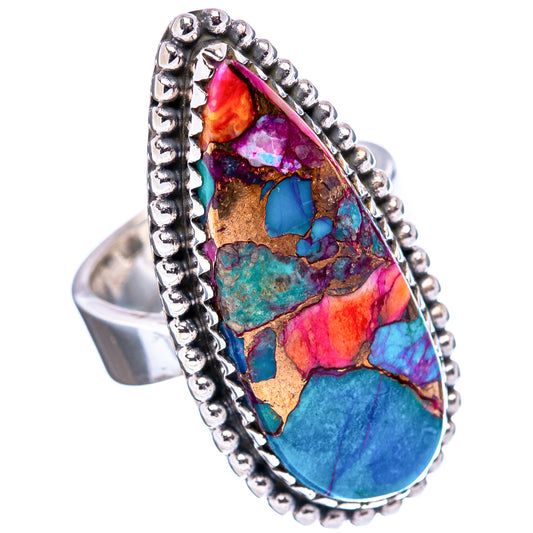 Sterling silver adjustable ring with large oval bezel-set multi-color mosaic stone