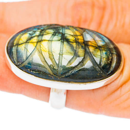 Premium Hand Carved Labradorite Ring Size 5.5 Adjustable (.925 Sterling Silver)