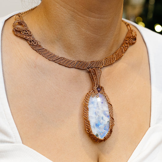 Rainbow Moonstone Wire Wrap Necklace (Copper)