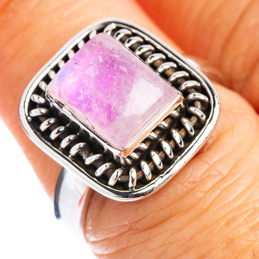 Pink moonstone ring in .925 sterling silver, size 7, square cabochon with ornate bezel