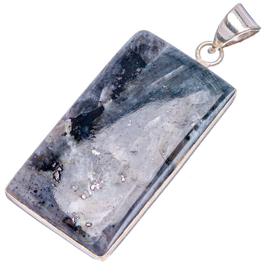 Silver-plated larvikite rectangular pendant with mottled blue gray stone and hanging loop