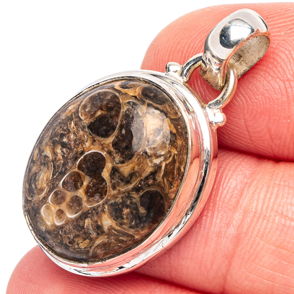 Round turritella agate pendant in .925 sterling silver bezel with loop bail