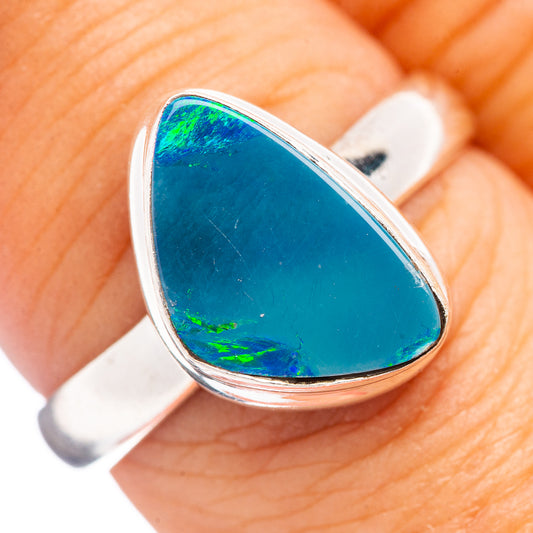 Sterling silver opal ring with blue teardrop gemstone, size 8