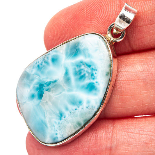Larimar pendant in sterling silver, oval blue gemstone with silver bail