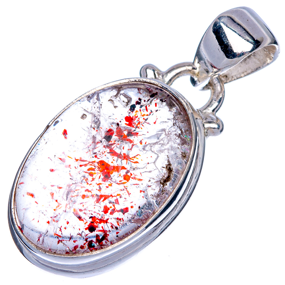 Oval 925 sterling silver pendant with red-orange crystal inclusions cabochon