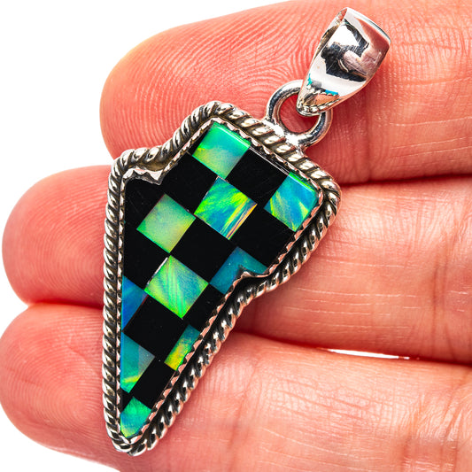 Opal lightning bolt pendant with .925 sterling silver rope frame, green-blue iridescence
