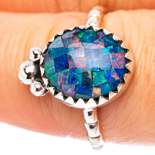 Opal triplet ring with colorful mosaic center set in sterling silver, size 7.5