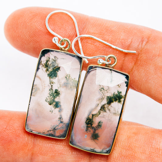 Green Moss Agate Earrings 1 5/8" (German Silver)