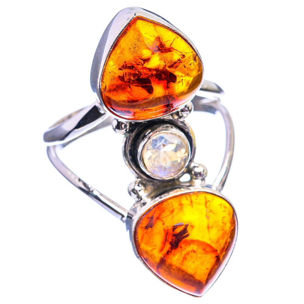Large Baltic Amber, Rainbow Moonstone Ring Size 10 (925 Sterling Silver) R142342