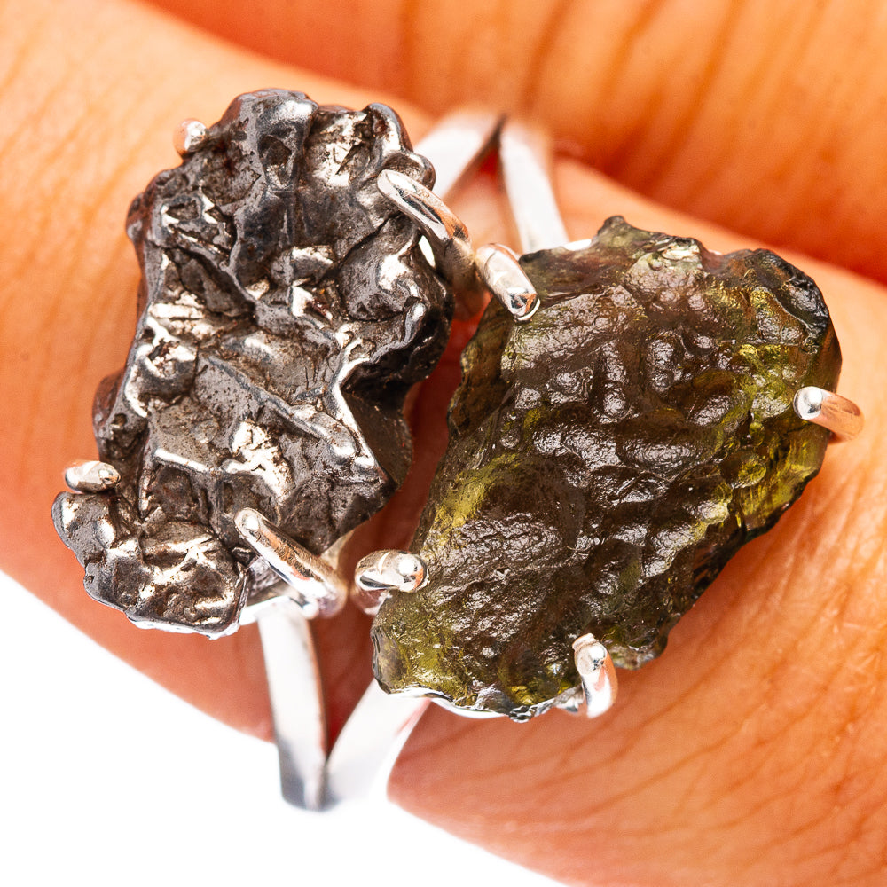 Rare Moldavite, Campo del Cielo Meteorite Ring Size 8.75 (.925 Sterling Silver)