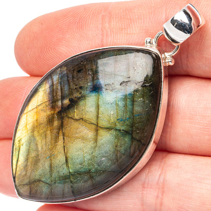 Labradorite pendant in sterling silver, teardrop cabochon with teal and blue sheen