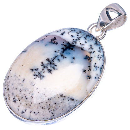 Oval dendritic opal pendant in sterling silver with loop bail, full stone view