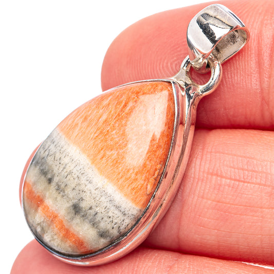 Orange-white-gray teardrop gemstone pendant, .925 sterling silver bezel and bail