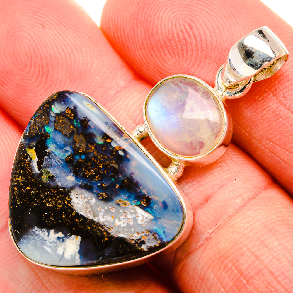 Sterling silver boulder opal teardrop pendant with round rainbow moonstone cabochon