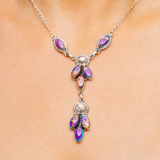 .925 sterling silver gemstone necklace with purple oval drops and small clear accents