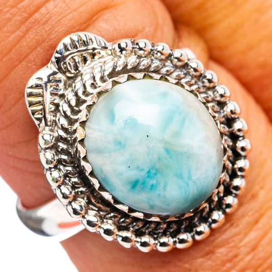 Larimar cabochon ring, .925 sterling silver halo with beaded border