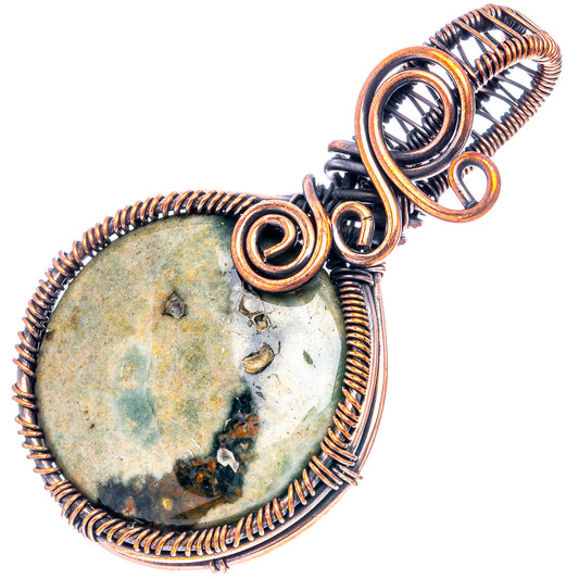 Ocean jasper wire wrap pendant, oval green stone in oxidized copper braided border