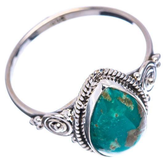 Sterling silver turquoise teardrop ring, side view with rope border and bezel detail