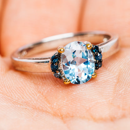 Blue Topaz, Blue Diamond Ring Size 7.5 (.925 Sterling Silver)