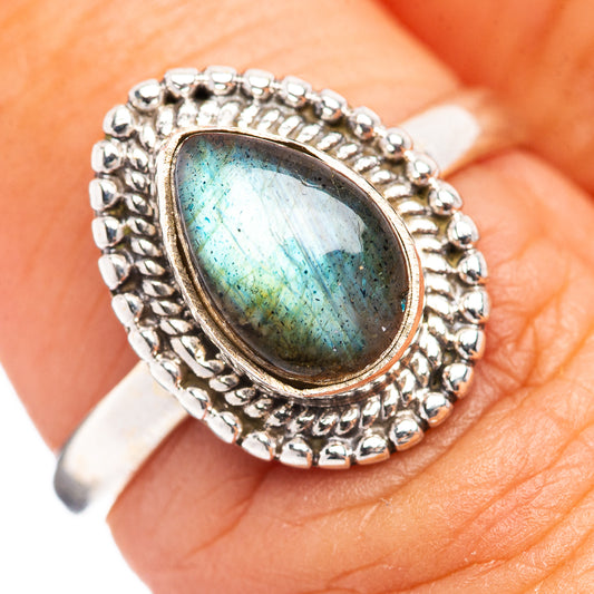Oval labradorite gemstone sterling silver ring with beaded halo setting