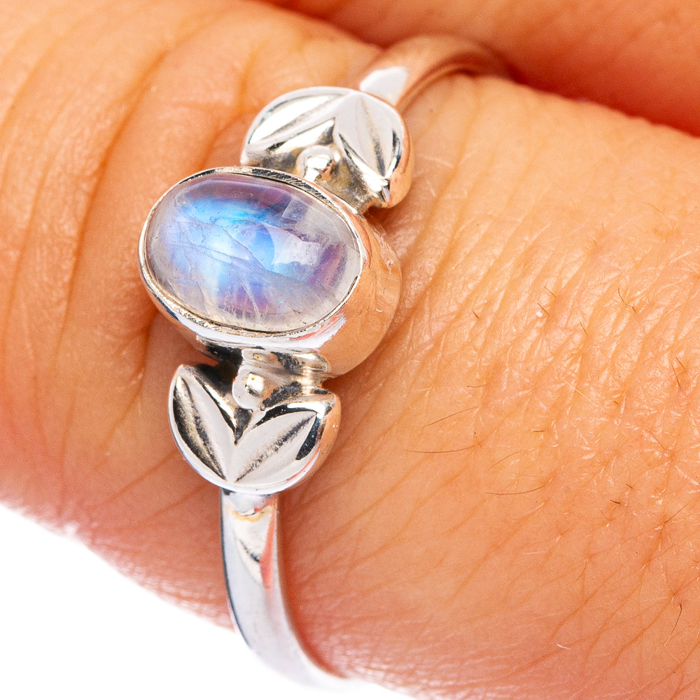 925 sterling silver dainty ring with rainbow moonstone oval cabochon