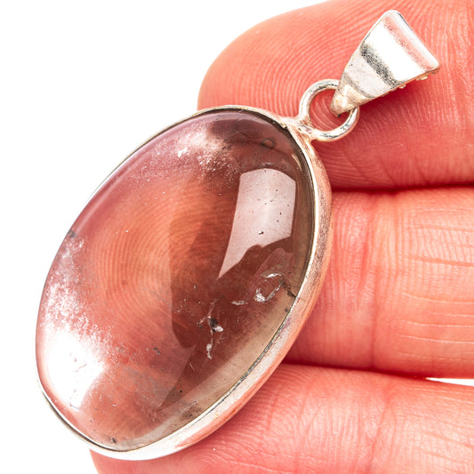 Silver-plated smoky quartz pendant, oval pink stone with bail loop