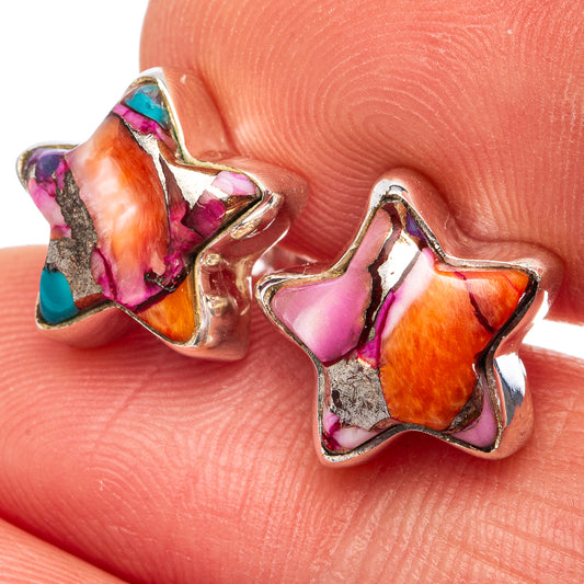 Star earrings in 925 sterling silver with pink, orange, purple, and turquoise inlays