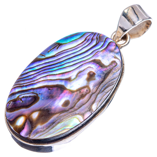 Oval abalone shell pendant with rainbow iridescence, framed by sterling silver setting