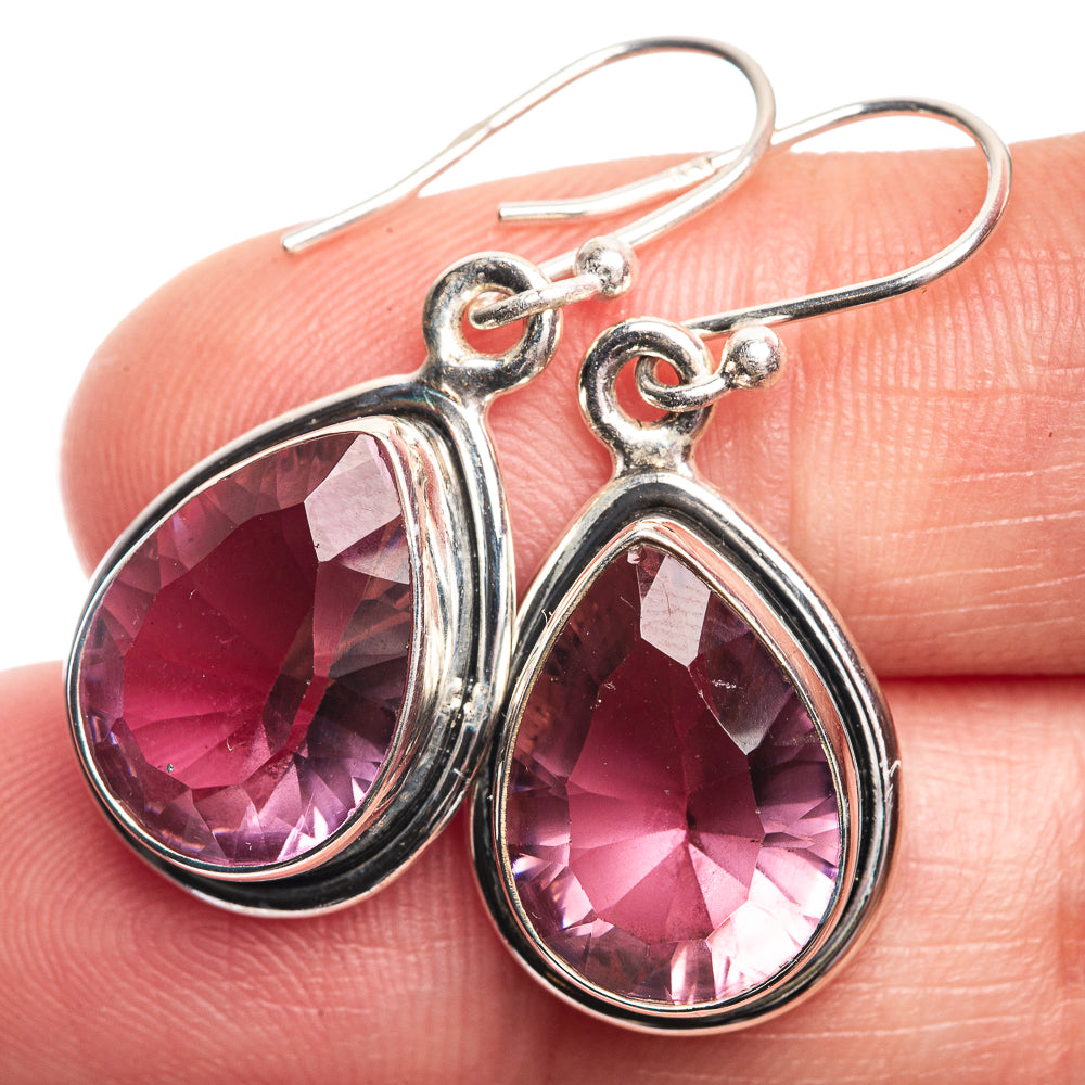 Oval pink-purple alexandrite lab drop earrings in 925 sterling silver, teardrop bezel