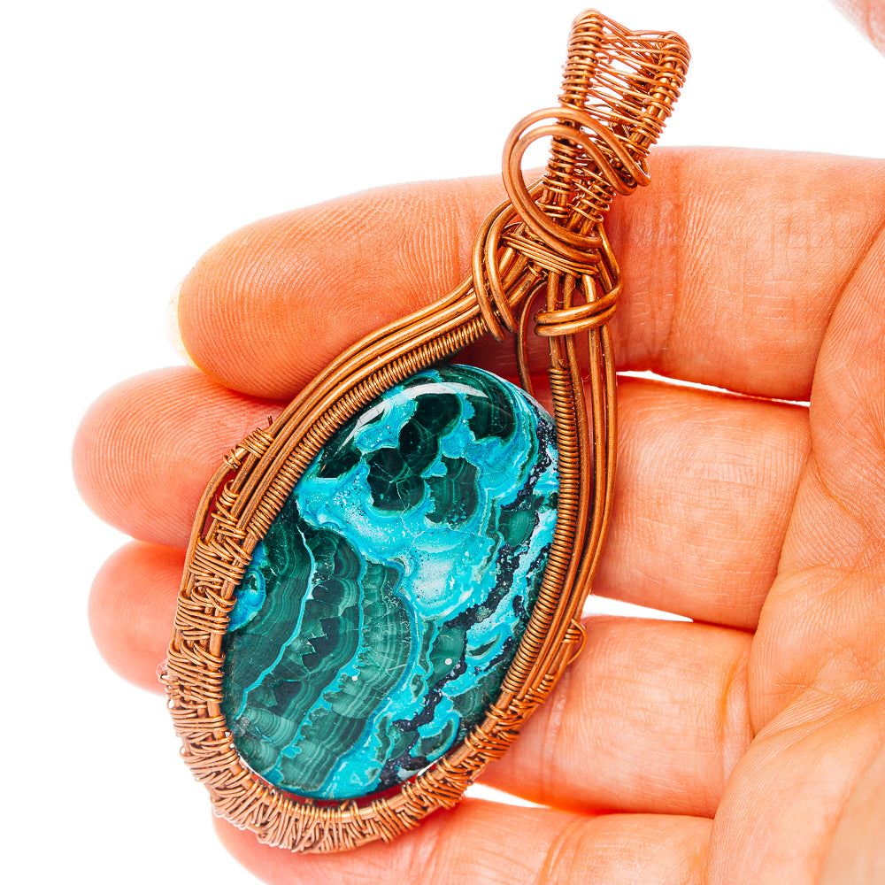 Malachite In Chrysocolla Wire Wrap Pendant 2 7/8" (Copper)