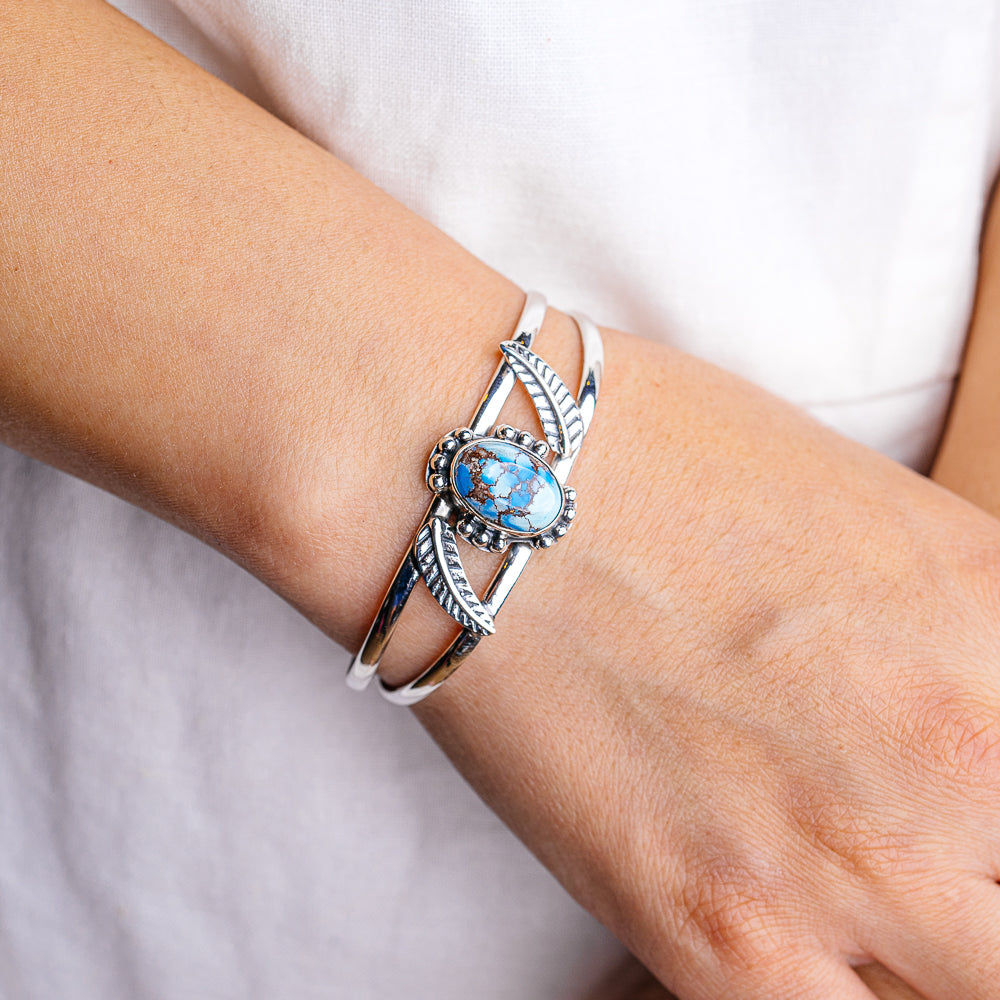 Golden Hills Turquoise Native Style Cuff Bracelet Adjustable (.925 Sterling Silver)