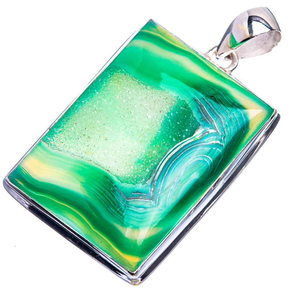 Rectangular green agate druzy pendant with silver bail and polished frame