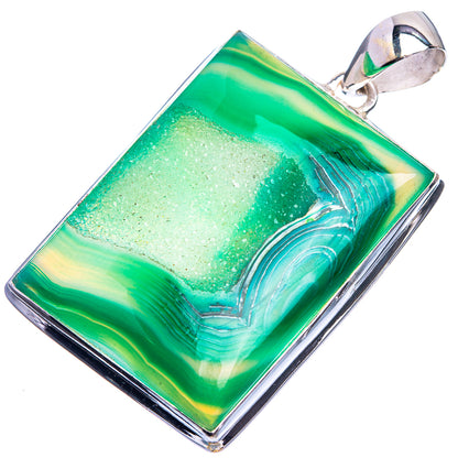 Rectangular green agate druzy pendant with silver bail and polished frame