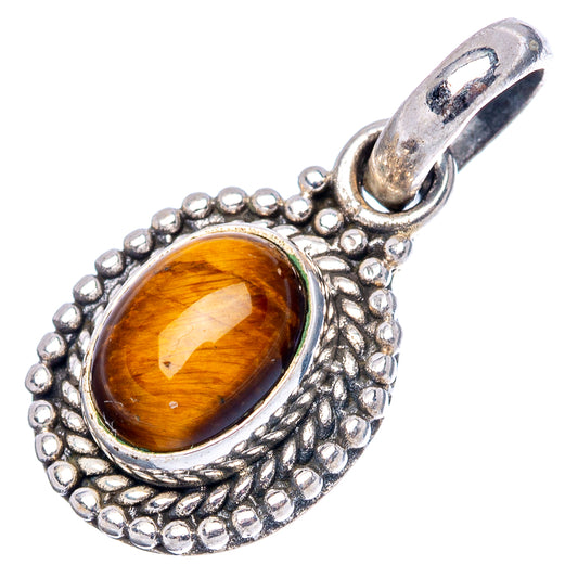 Sterling silver tiger's eye pendant, oval stone in silver beaded oval bezel