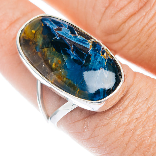 Sterling silver Pietersite oval ring, blue and gold stone with high polish