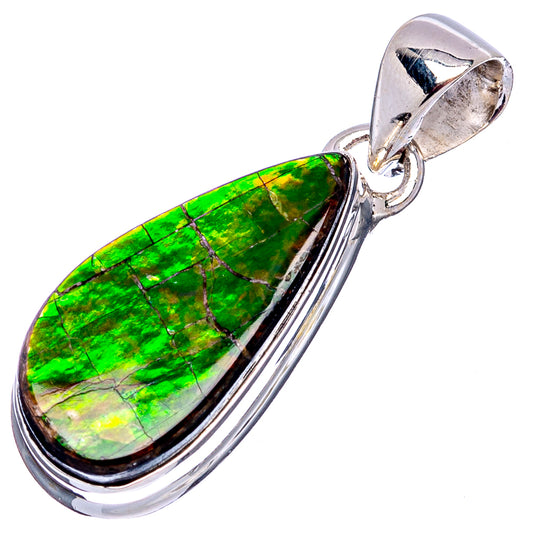 Sterling silver ammolite pendant with teardrop iridescent green stone and hinged bail
