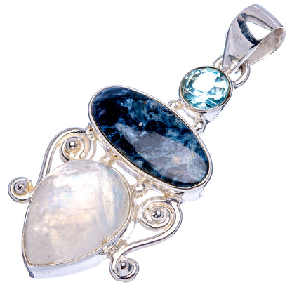 Premium Pietersite, Rainbow Moonstone, Blue Topaz Pendant 1 3/4" (.925 Sterling Silver)