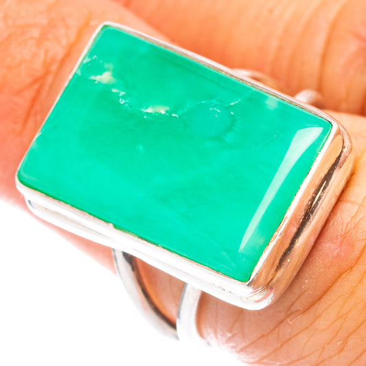 Chrysoprase gemstone silver ring with rectangular green stone, .925 polished setting