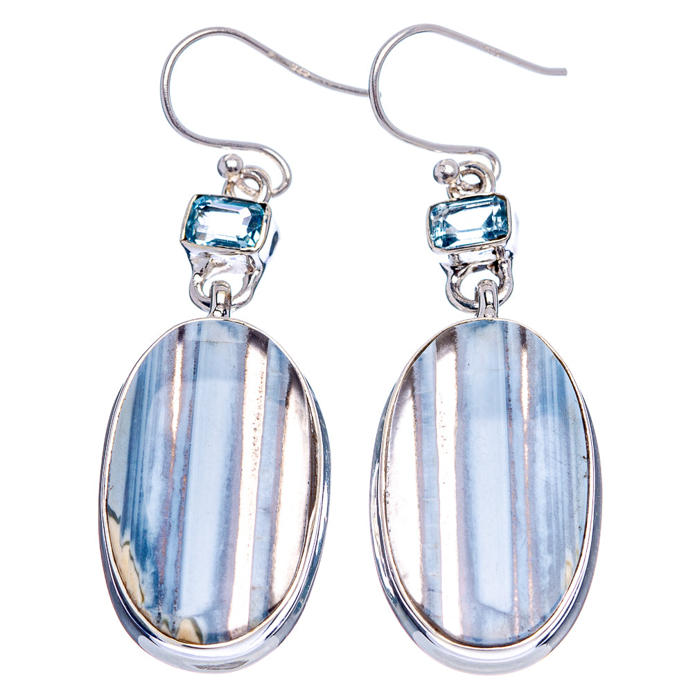Oval blue opal drop earrings, sterling silver with blue square bezel and hook backs