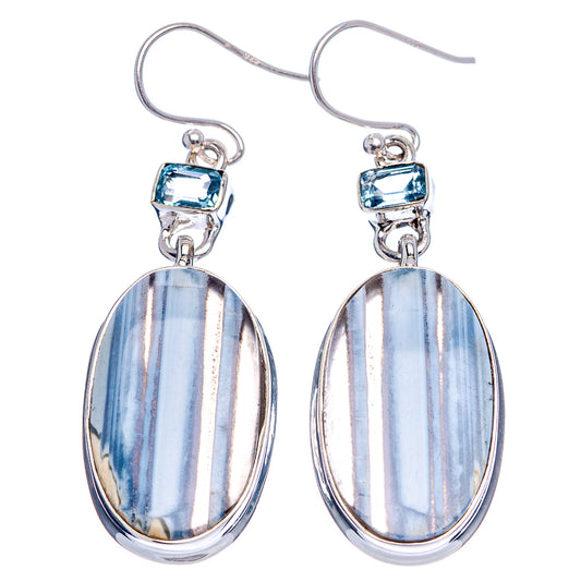 Oval blue opal drop earrings, sterling silver with blue square bezel and hook backs