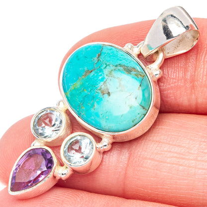 Rare Kingman Turquoise, Blue Topaz Pendant 1 1/2" (925 Sterling Silver) P41018
