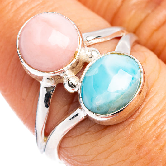 Sterling silver ring with pink oval cabochon and turquoise oval cabochon