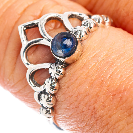 Sterling silver dainty crown ring with blue kyanite cabochon centerpiece