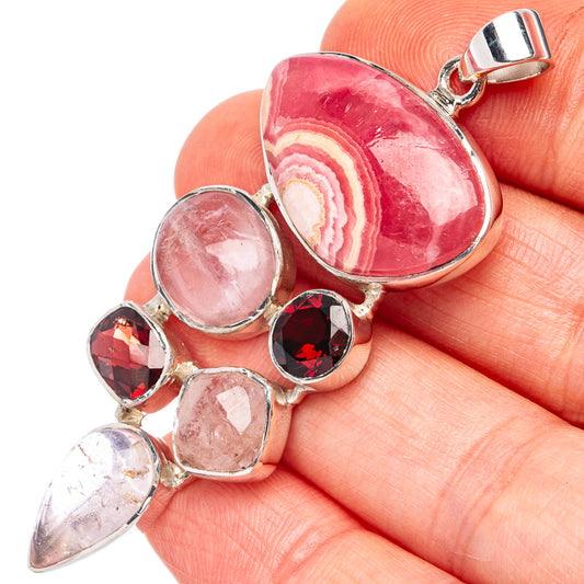 925 sterling silver pendant with pink oval rhodochrosite and rose quartz stones